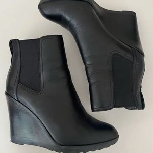 Black Leather Wedge Ankle Booties Slip on